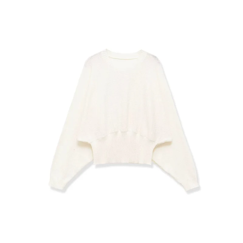 Damen weit geschnittener Cropped-Pullover mit Fledermausärmeln und breitem Rippbündchen Drune
