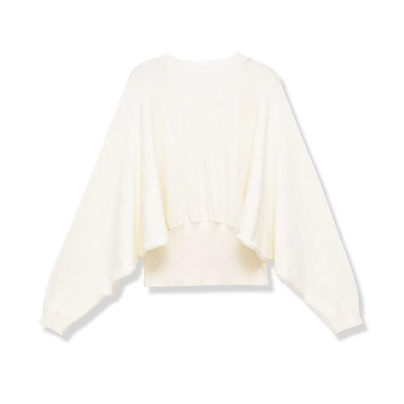 Damen weit geschnittener Cropped-Pullover mit Fledermausärmeln und breitem Rippbündchen Drune