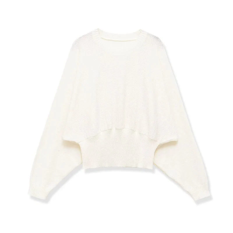 Damen weit geschnittener Cropped-Pullover mit Fledermausärmeln und breitem Rippbündchen Drune