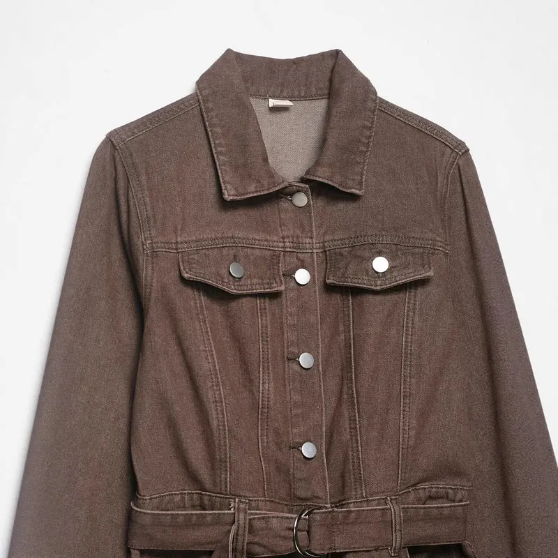 Damen Weicher Denim-Overall mit Hemdkragen, taillierendem Gürtel und weitem Bein Drune