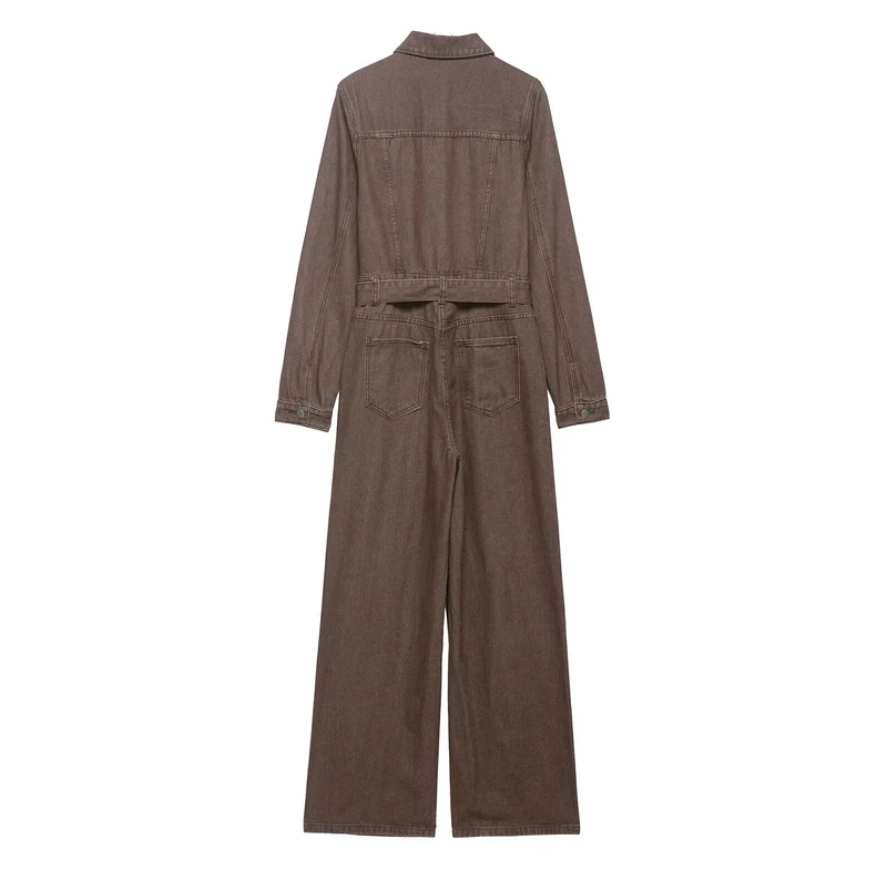 Damen Weicher Denim-Overall mit Hemdkragen, taillierendem Gürtel und weitem Bein Drune