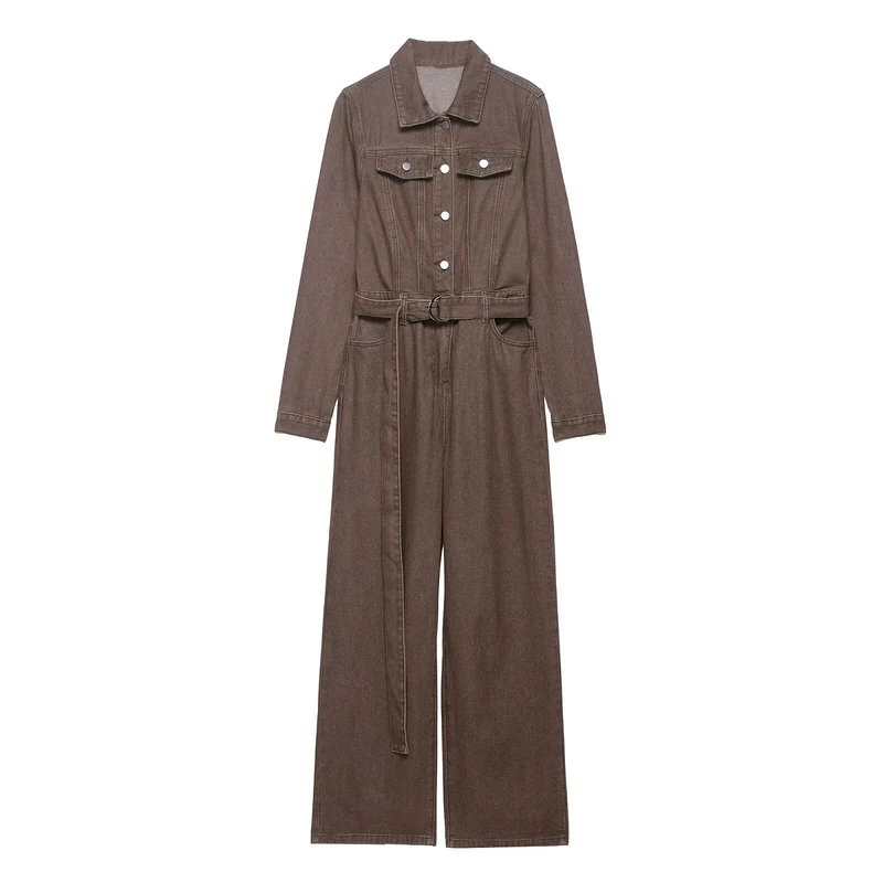 Damen Weicher Denim-Overall mit Hemdkragen, taillierendem Gürtel und weitem Bein Drune