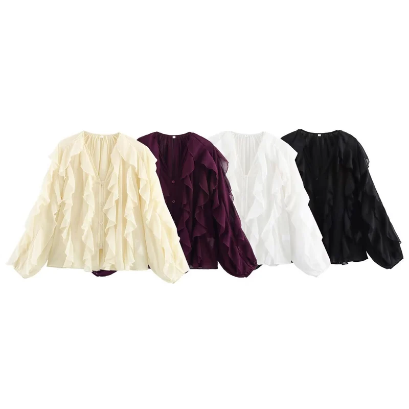 Damen Volant-Chiffonbluse mit V‑Ausschnitt, Knopfleiste und Ballonärmeln Drune