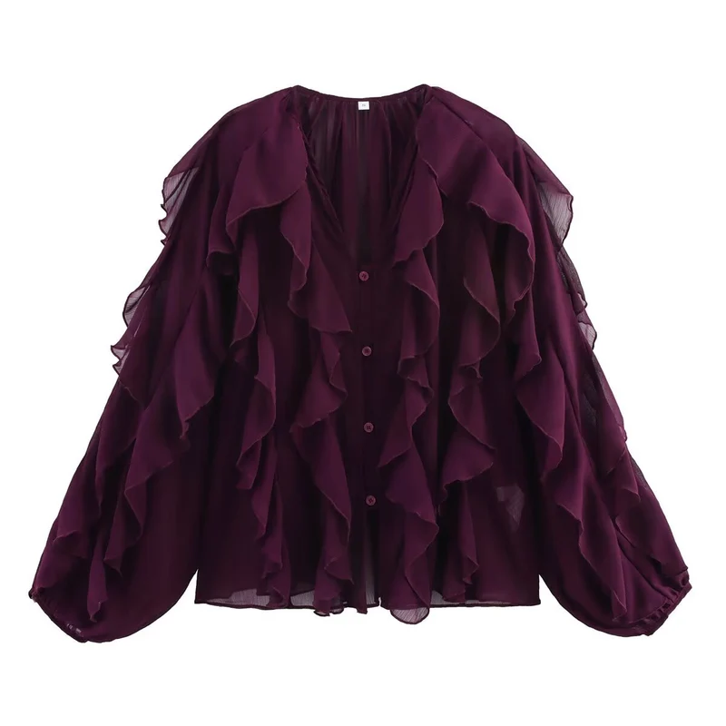 Damen Volant-Chiffonbluse mit V‑Ausschnitt, Knopfleiste und Ballonärmeln Drune