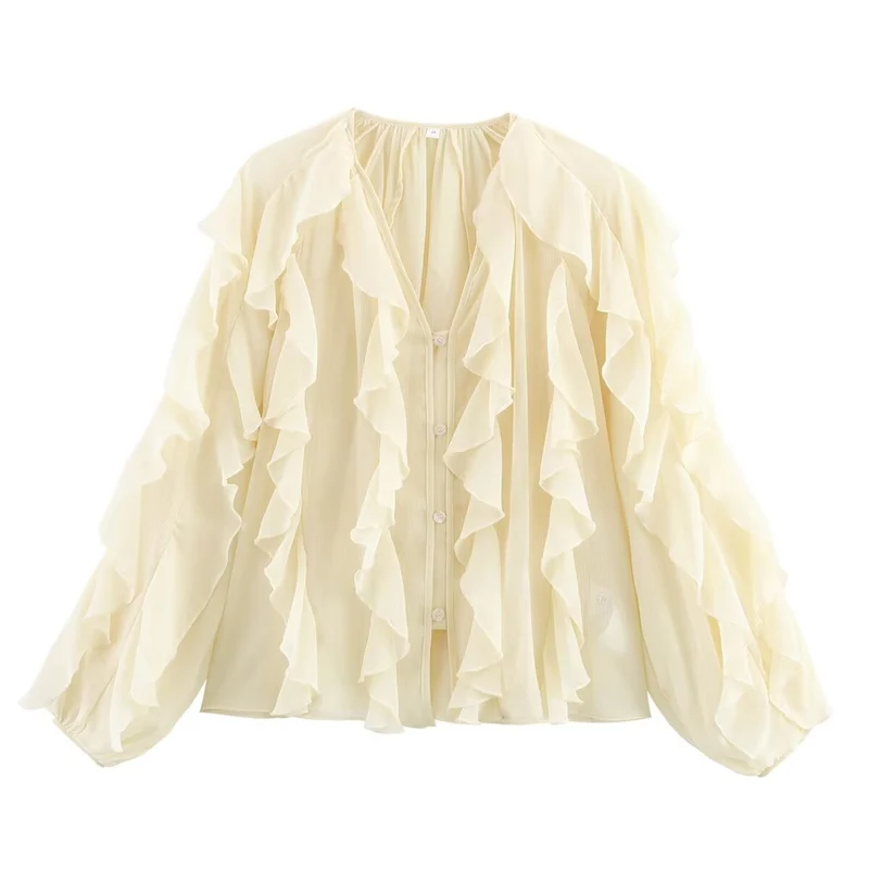 Damen Volant-Chiffonbluse mit V‑Ausschnitt, Knopfleiste und Ballonärmeln Drune