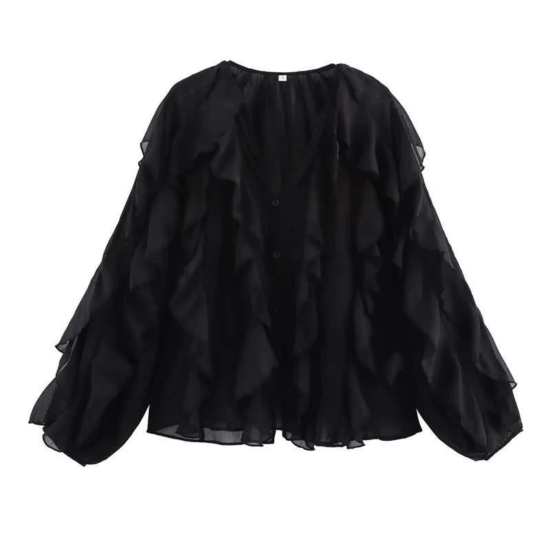 Damen Volant-Chiffonbluse mit V‑Ausschnitt, Knopfleiste und Ballonärmeln Drune
