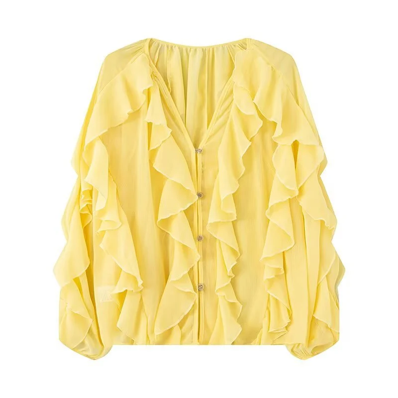 Damen Volant-Chiffonbluse mit Knopfleiste, gerafftem Ausschnitt und Ballonärmeln Drune