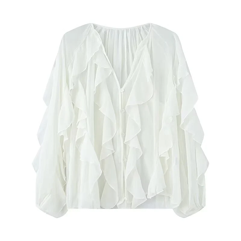 Damen Volant-Chiffonbluse mit Knopfleiste, gerafftem Ausschnitt und Ballonärmeln Drune