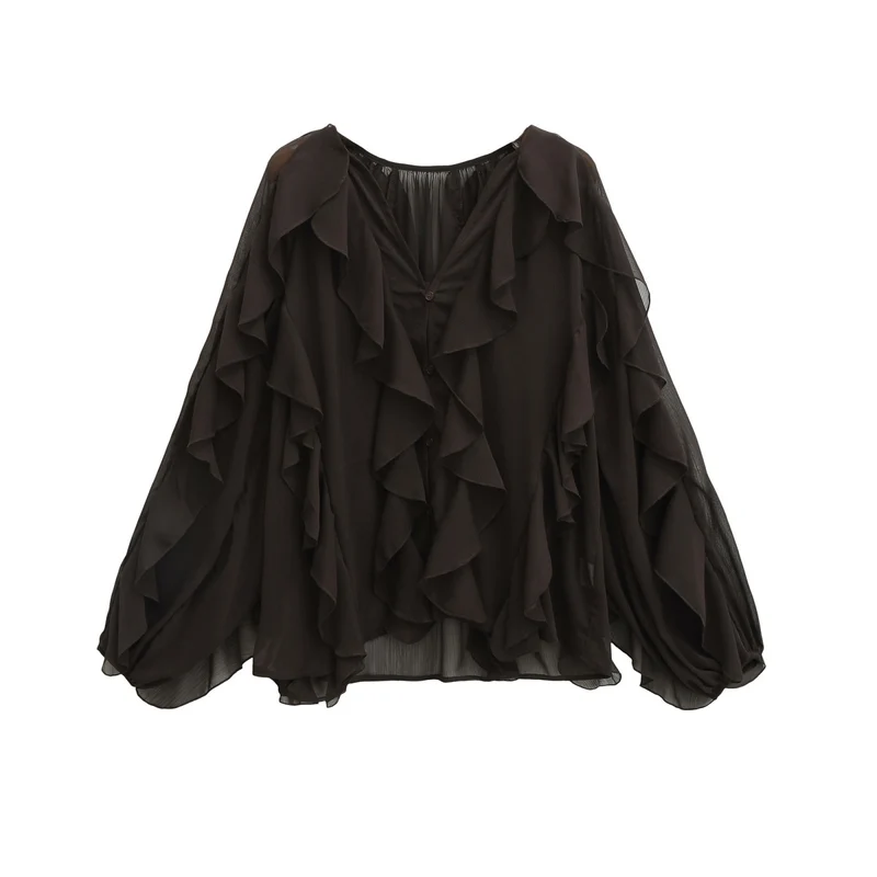 Damen Volant-Chiffonbluse mit Knopfleiste, gerafftem Ausschnitt und Ballonärmeln Drune