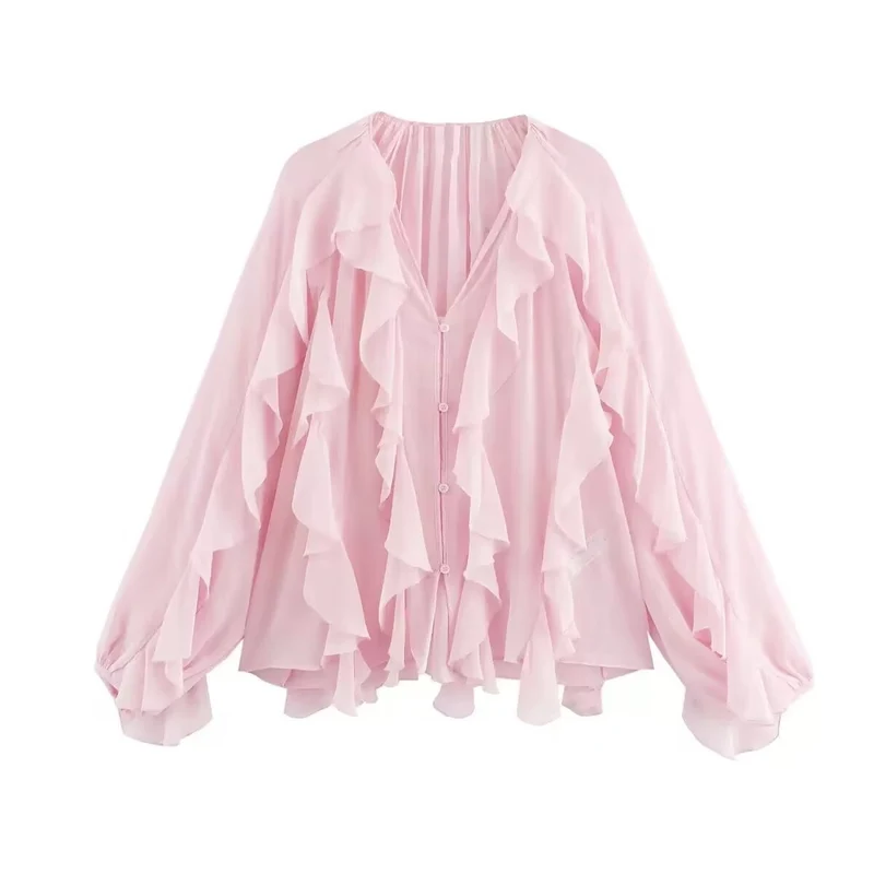 Damen Volant-Chiffonbluse mit Knopfleiste, gerafftem Ausschnitt und Ballonärmeln Drune