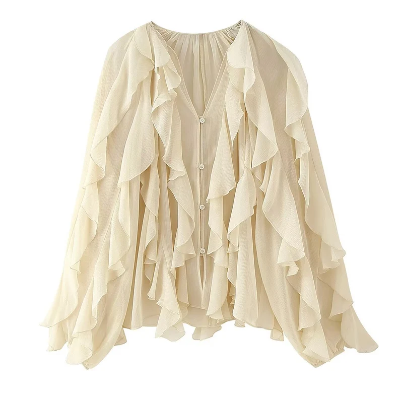 Damen Volant-Chiffonbluse mit Knopfleiste, gerafftem Ausschnitt und Ballonärmeln Drune