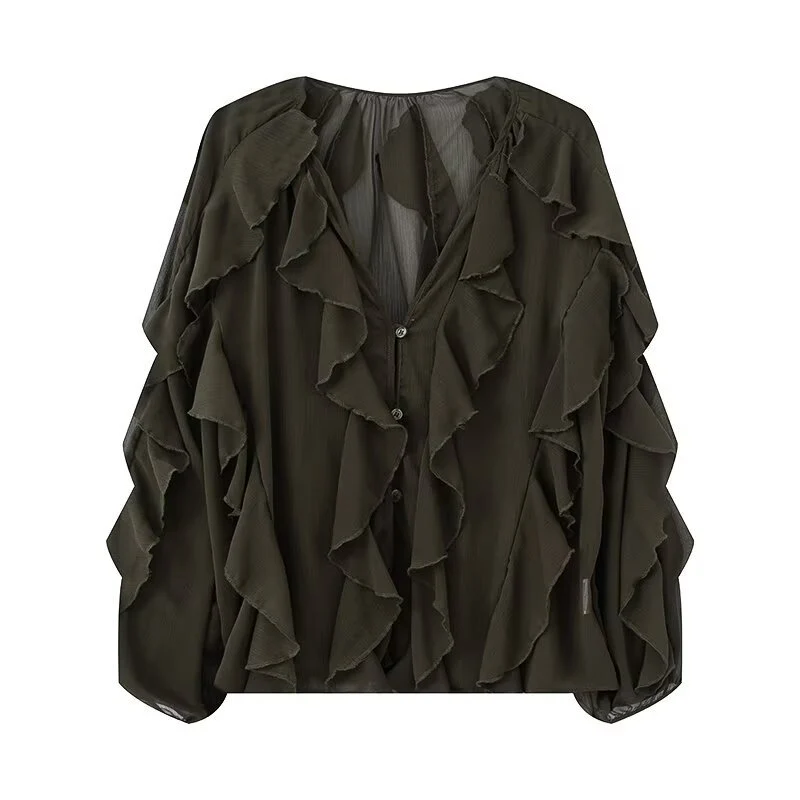 Damen Volant-Chiffonbluse mit Knopfleiste, gerafftem Ausschnitt und Ballonärmeln Drune