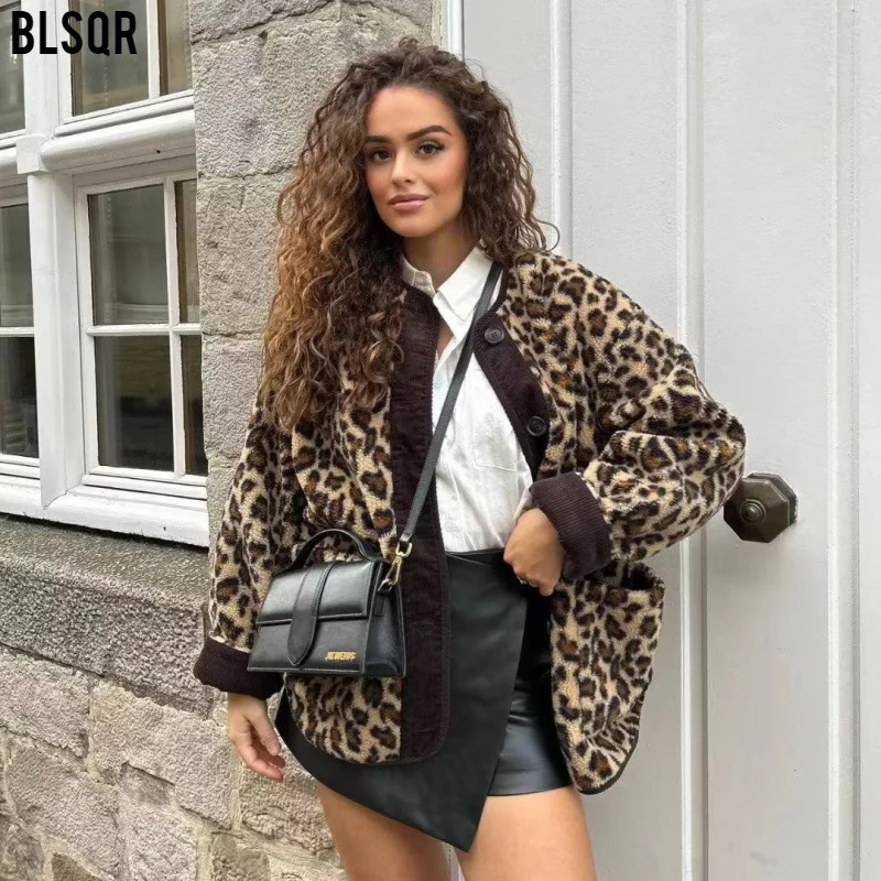 Damen Teddyjacke mit Leopardenprint, Cordbesatz und Knopfverschluss Drune
