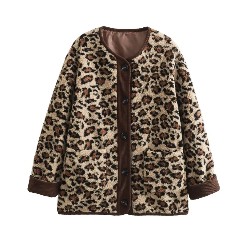 Damen Teddyjacke mit Leopardenprint, Cordbesatz und Knopfverschluss Drune