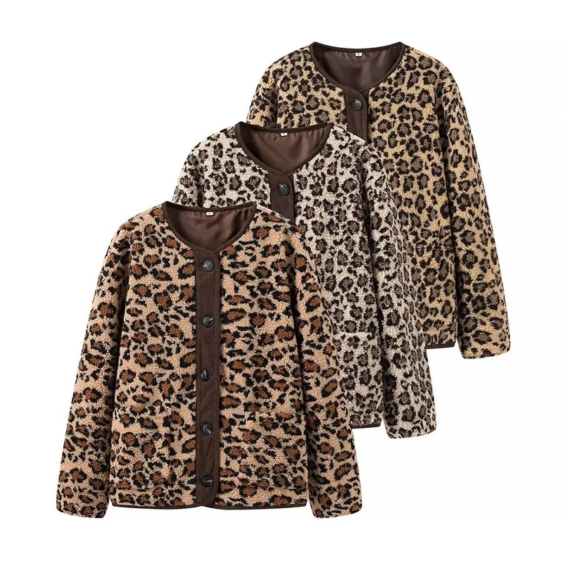 Damen Teddyjacke mit Leopardenprint, Cordbesatz und Knopfverschluss Drune