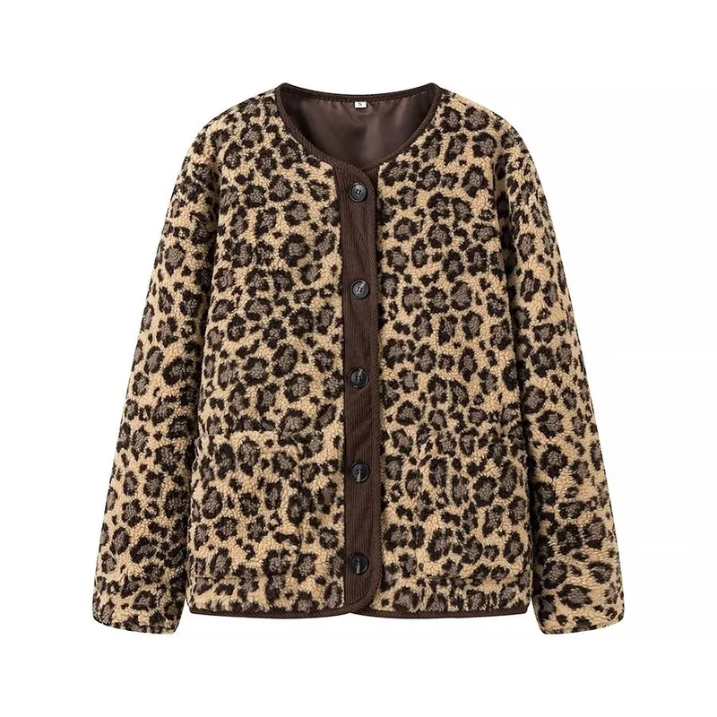 Damen Teddyjacke mit Leopardenprint, Cordbesatz und Knopfverschluss Drune