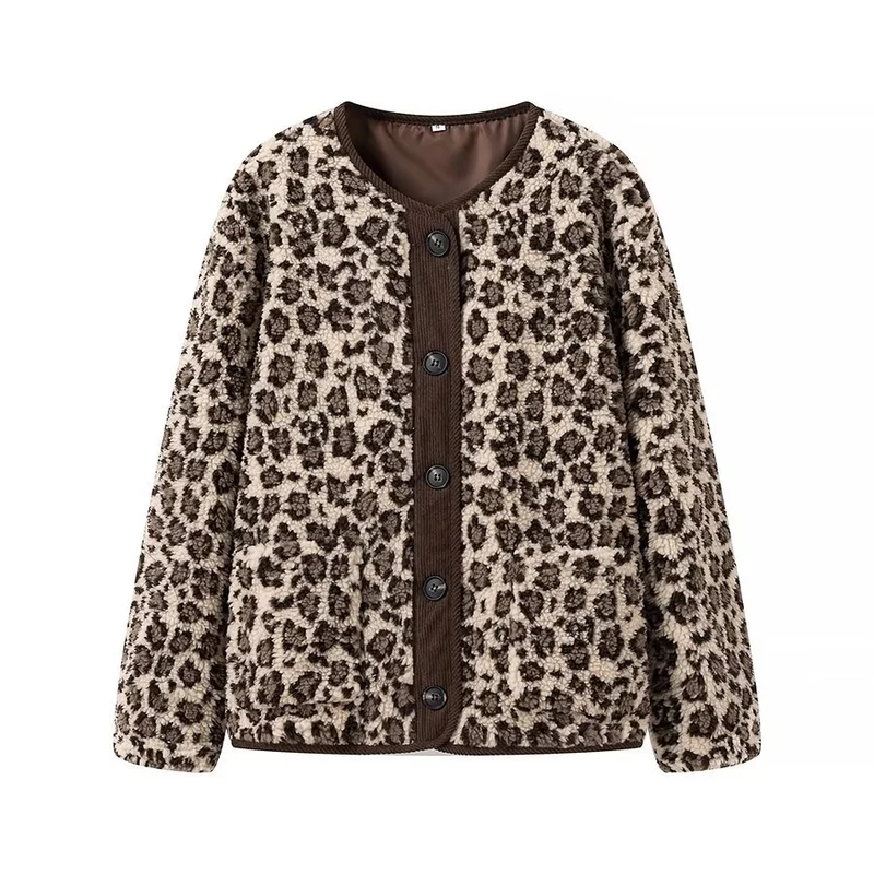 Damen Teddyjacke mit Leopardenprint, Cordbesatz und Knopfverschluss Drune