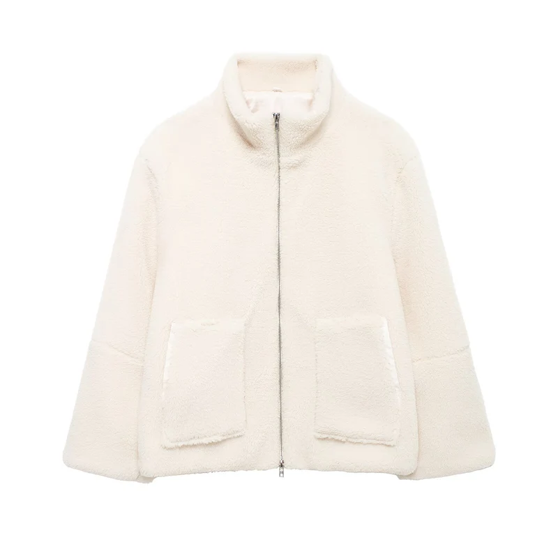 Damen Teddy-Fleece-Jacke mit Stehkragen und Lederoptik-Details Drune