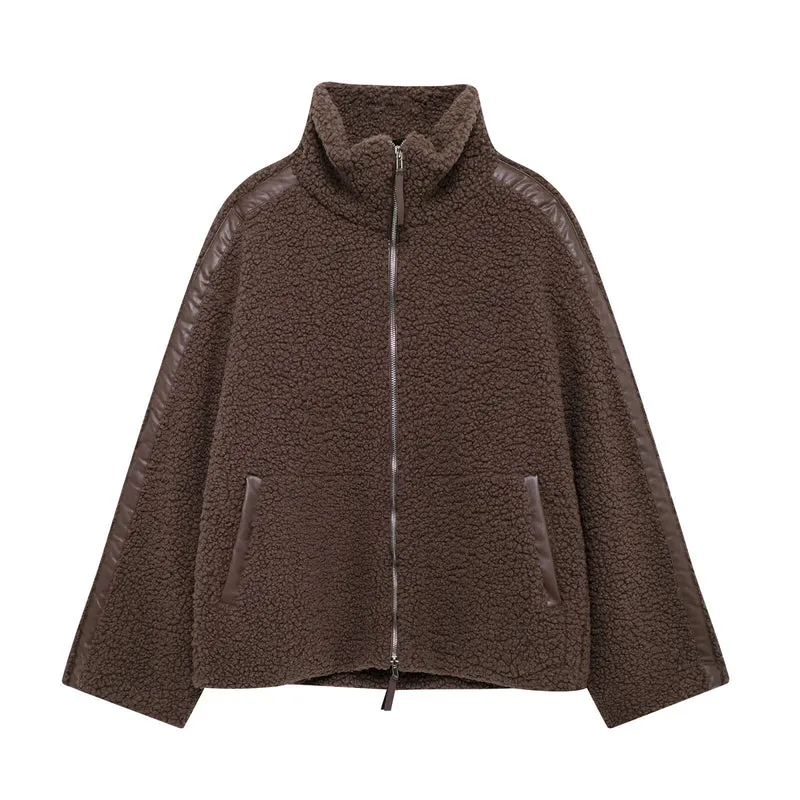 Damen Teddy-Fleece-Jacke mit Stehkragen und Lederoptik-Details Drune