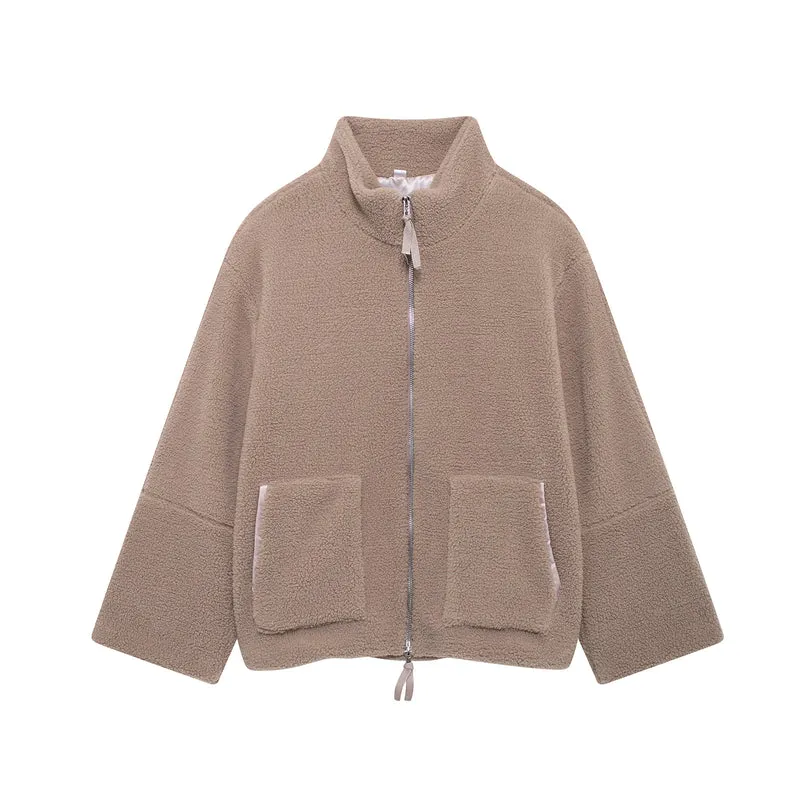 Damen Teddy-Fleece-Jacke mit Stehkragen und Lederoptik-Details Drune