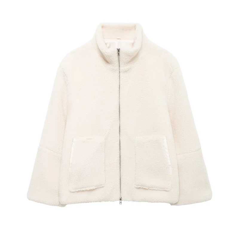 Damen Teddy-Fleece-Jacke mit Stehkragen und Lederoptik-Details Drune