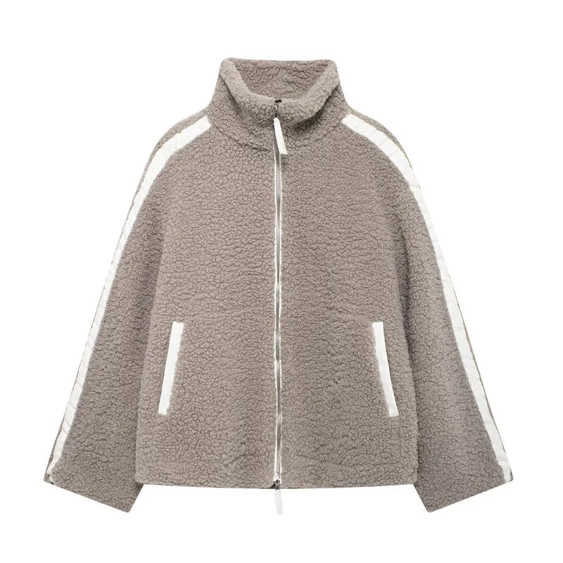Damen Teddy-Fleece-Jacke mit Stehkragen und Lederoptik-Details Drune