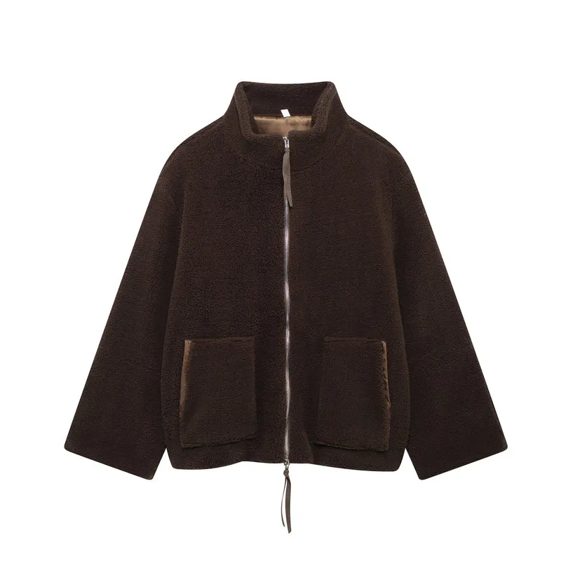 Damen Teddy-Fleece-Jacke mit Stehkragen und Lederoptik-Details Drune