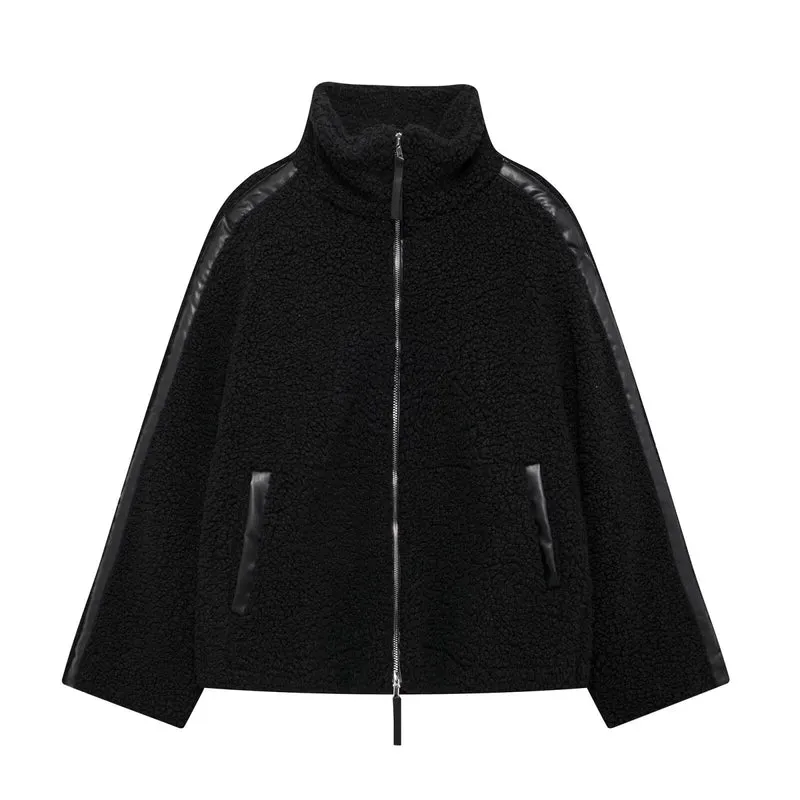 Damen Teddy-Fleece-Jacke mit Stehkragen und Lederoptik-Details Drune