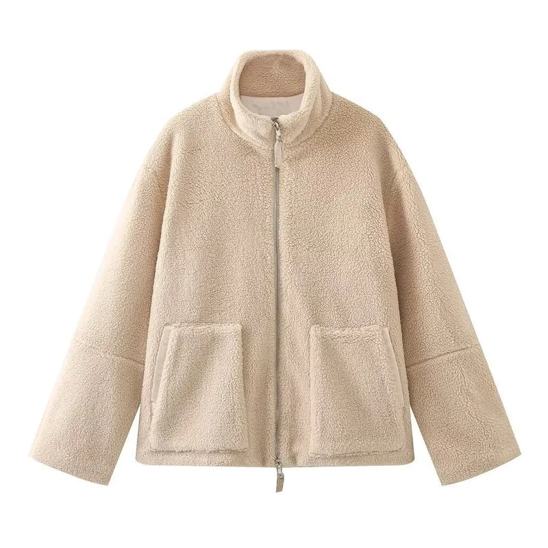 Damen Teddy-Fleece-Jacke mit Stehkragen und Lederoptik-Details Drune
