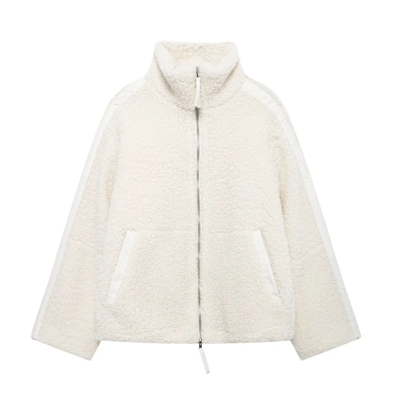 Damen Teddy-Fleece-Jacke mit Stehkragen und Lederoptik-Details Drune