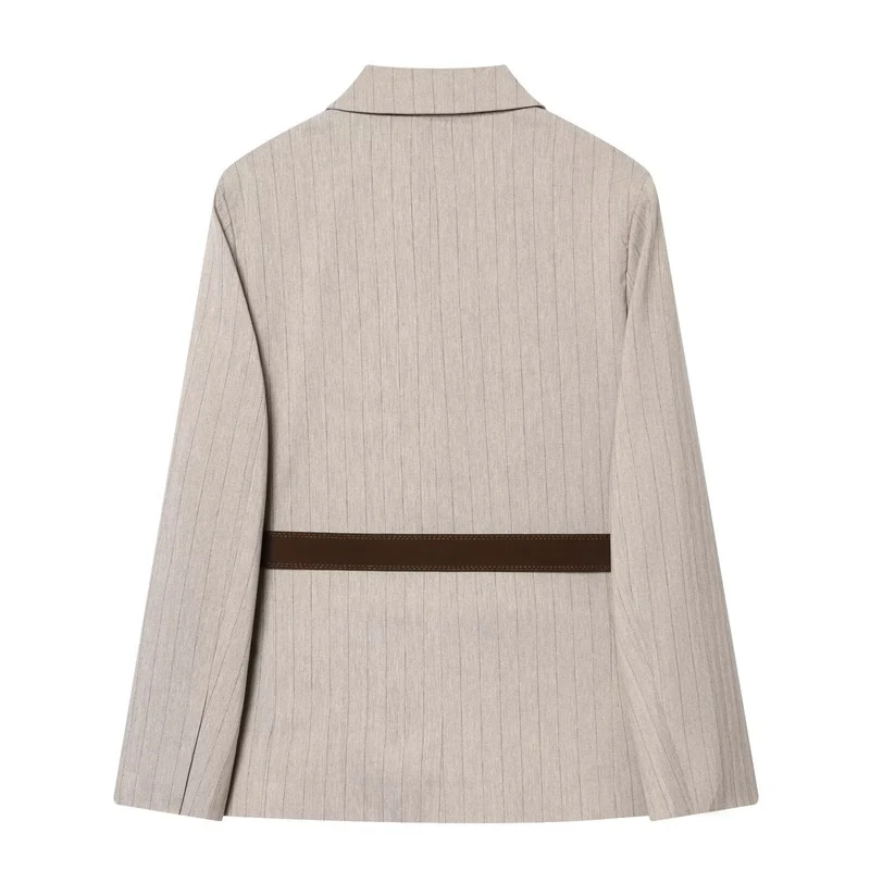 Damen Taillierter Nadelstreifen-Blazer mit Kontrastgürtel und Reverskragen Drune