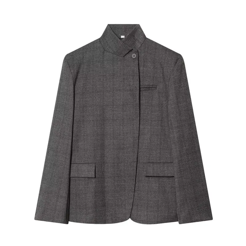 Damen Taillierter karierter Blazer mit Stehkragen und verdeckter Knopfleiste Drune
