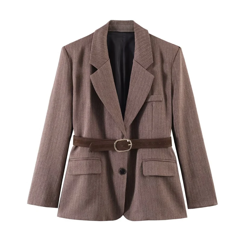 Damen Taillierter Einreihiger Blazer mit Gürtel und tonalem Nadelstreifen Drune