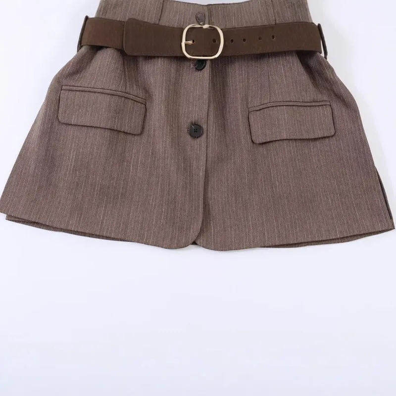 Damen Taillierter Einreihiger Blazer mit Gürtel und tonalem Nadelstreifen Drune