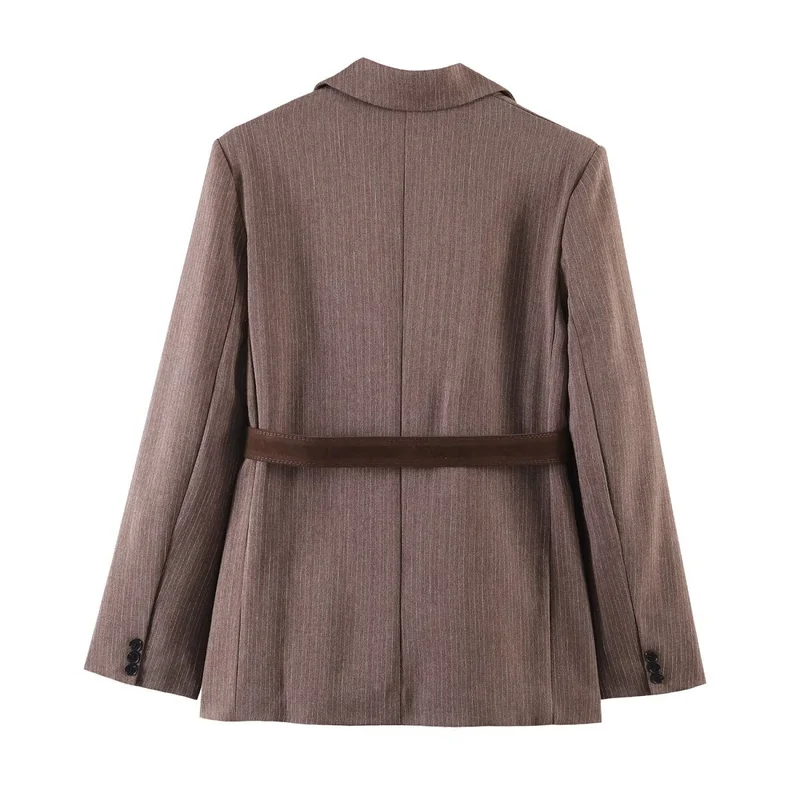Damen Taillierter Einreihiger Blazer mit Gürtel und tonalem Nadelstreifen Drune