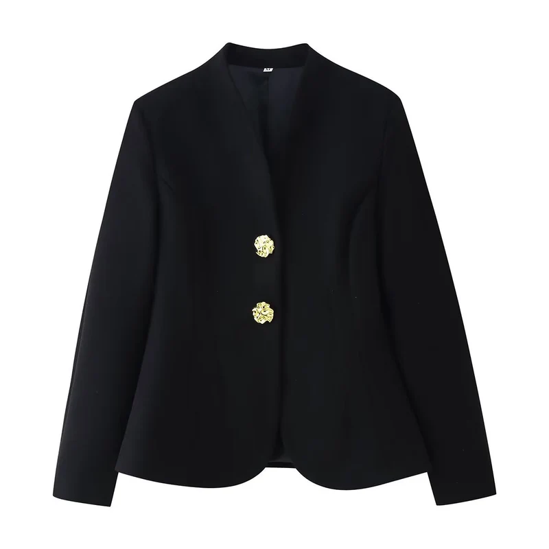 Damen Taillierter Blazer ohne Revers mit goldenen Zierknöpfen Drune