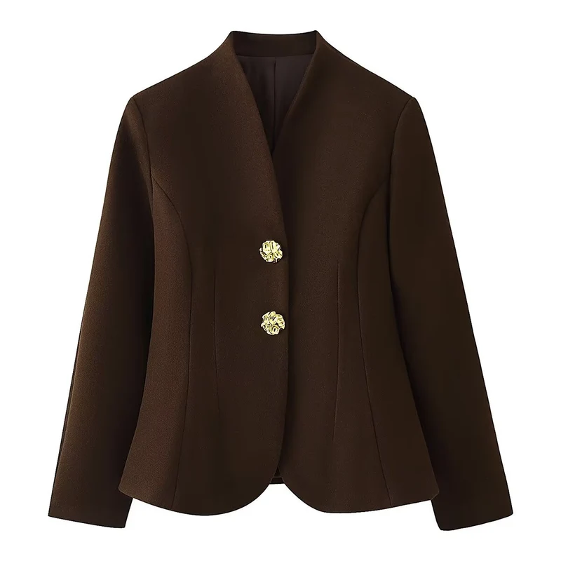 Damen Taillierter Blazer ohne Revers mit goldenen Zierknöpfen Drune