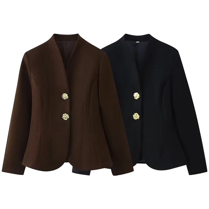 Damen Taillierter Blazer ohne Revers mit goldenen Zierknöpfen Drune