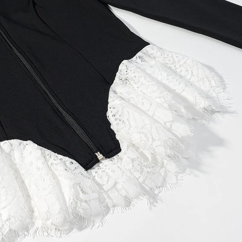 Damen Taillierte Kurzjacke mit Mittelreißverschluss und Spitzenvolants Drune