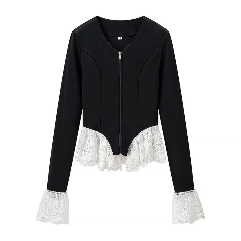 Damen Taillierte Kurzjacke mit Mittelreißverschluss und Spitzenvolants Drune
