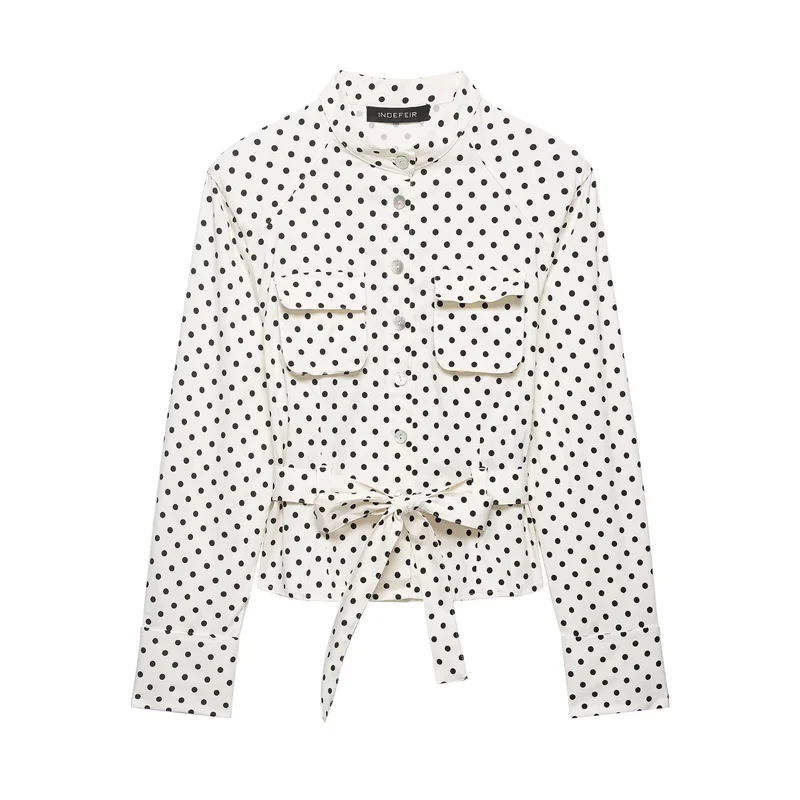Damen Taillierte Blusenjacke mit Stehkragen, Bindegürtel und Punkteprint Drune