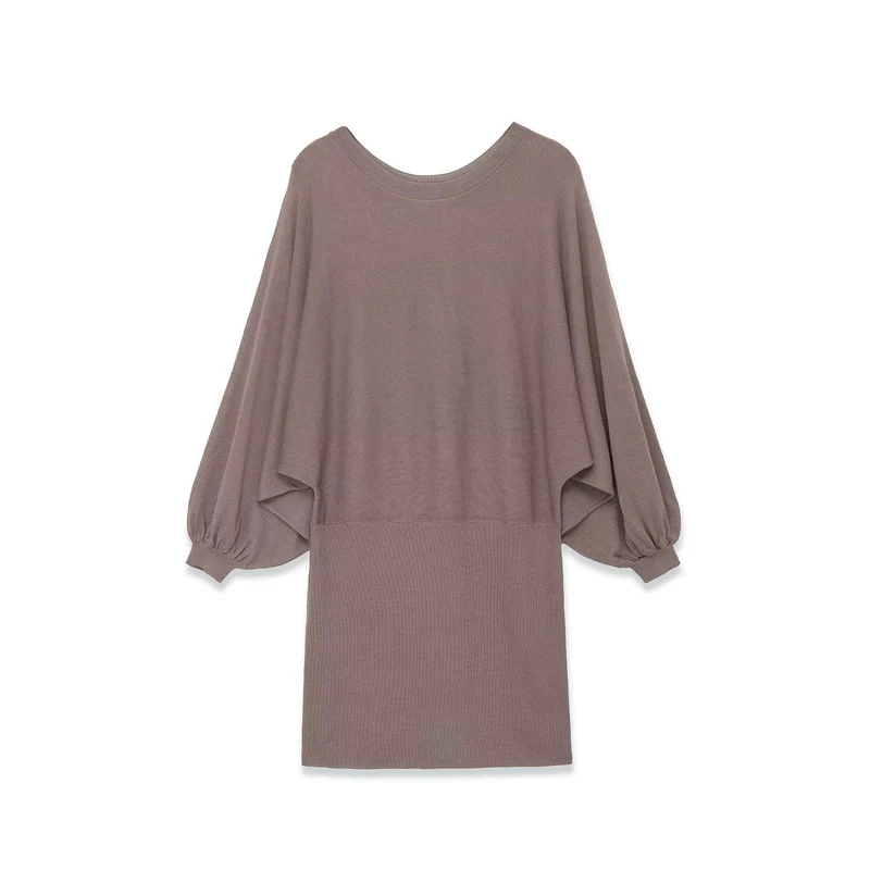 Damen Strickkleid mit überschnittenem Fledermaus-Poncho und Ballonärmeln Drune