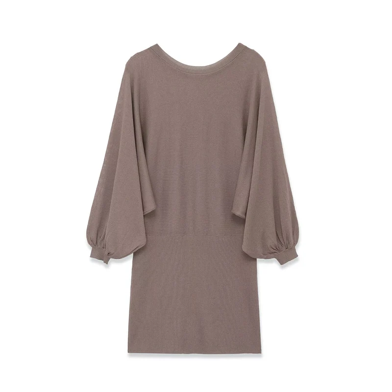Damen Strickkleid mit überschnittenem Fledermaus-Poncho und Ballonärmeln Drune