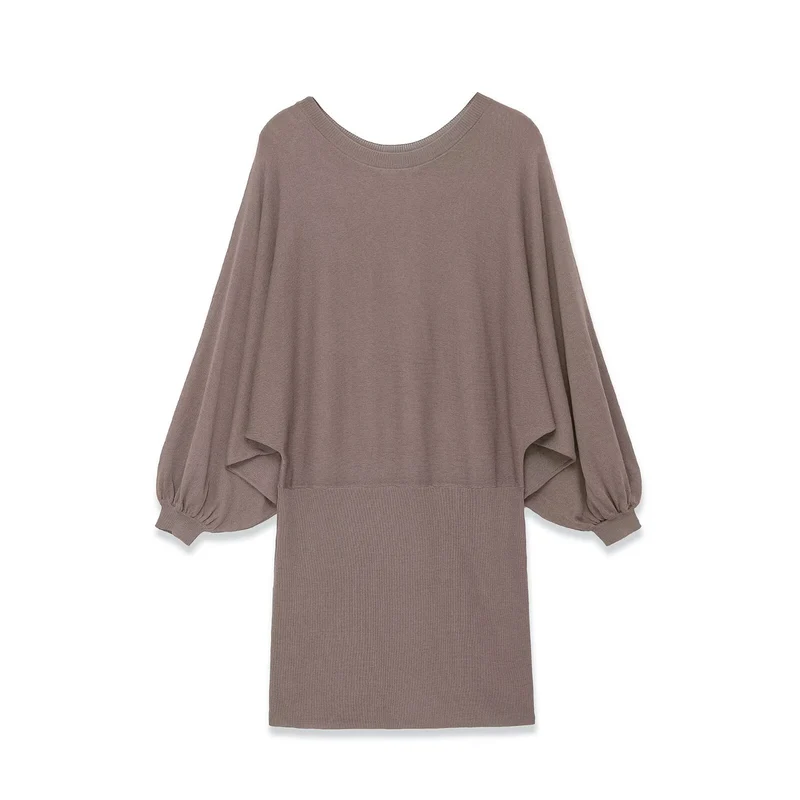 Damen Strickkleid mit überschnittenem Fledermaus-Poncho und Ballonärmeln Drune