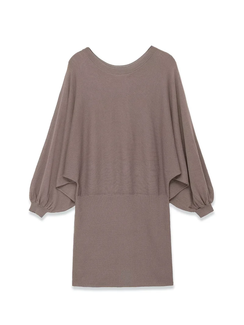 Damen Strickkleid mit überschnittenem Fledermaus-Poncho und Ballonärmeln Drune