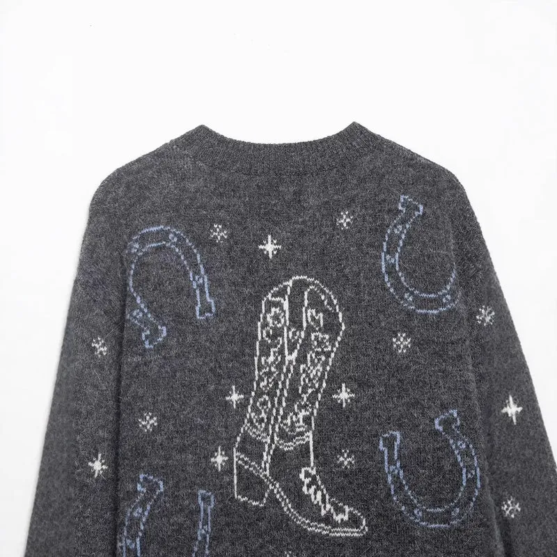 Damen Strickcardigan mit Pferde- und Hufeisen-Jacquard und Zierknöpfen Drune