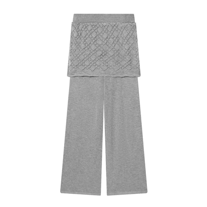 Damen Strick-Lounge-Set mit weitem Rundhals-Pullover und Highwaist-Schlaghose mit Spitzen-Detail Drune
