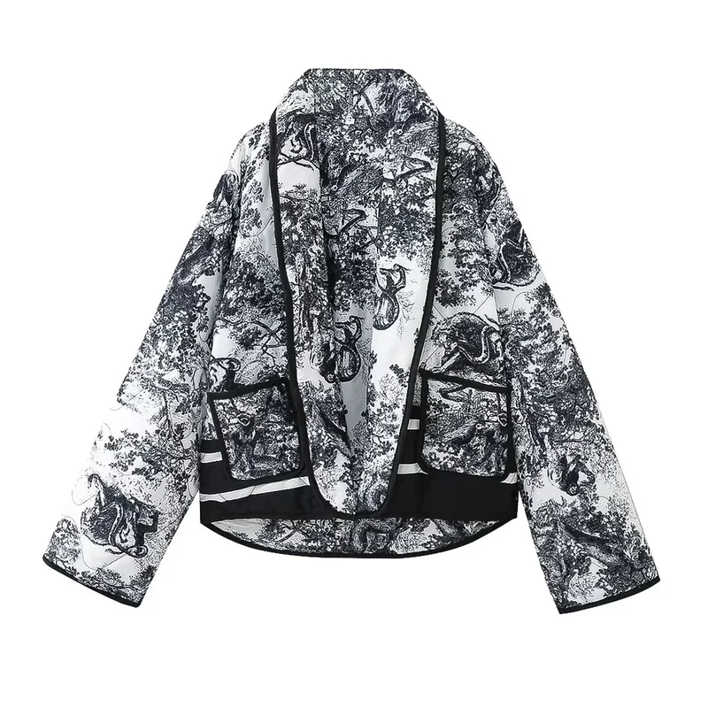 Damen Steppjacke im Kimono‑Stil mit Toile‑de‑Jouy Tierprint, Schalkragen und kontrastierenden aufgesetzten Taschen Drune