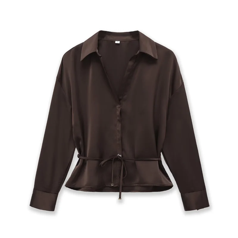 Damen Seidiges Hemdblusen-Shirt mit Bindegürtel und Schößchen Drune