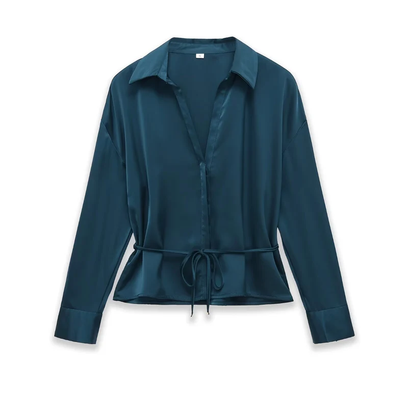 Damen Seidiges Hemdblusen-Shirt mit Bindegürtel und Schößchen Drune
